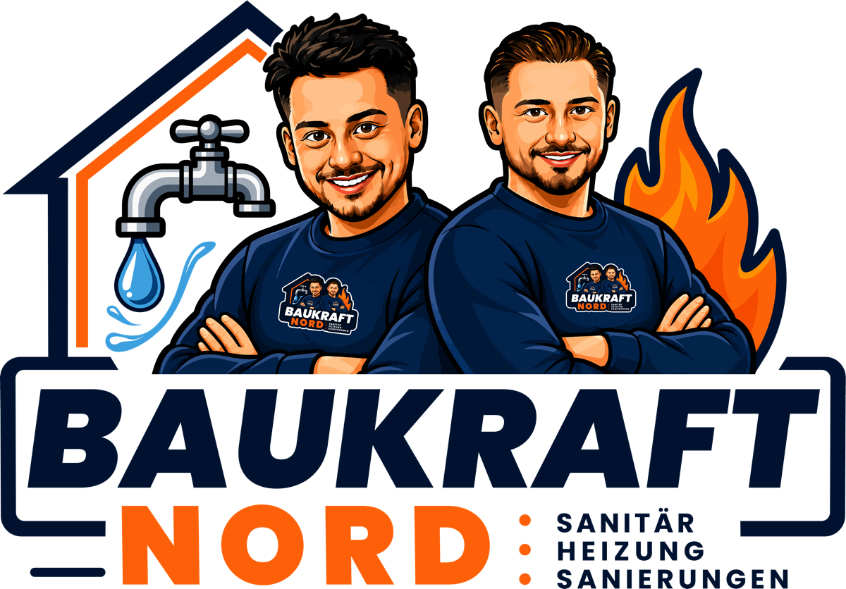 Logo von Baukraft Nord: Illustration von Ghenadii Glöde und Kamil Lukaszewski mit Haus, Wasserhahn und Flamme